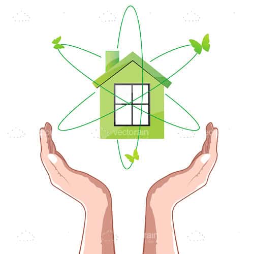 Pair of Hands Holding up a Green House with Butterflies